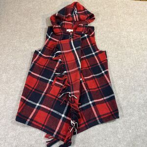 Rewind Women’s Hooded Vest Medium Plaid Tartan Fringed Stylish Layering